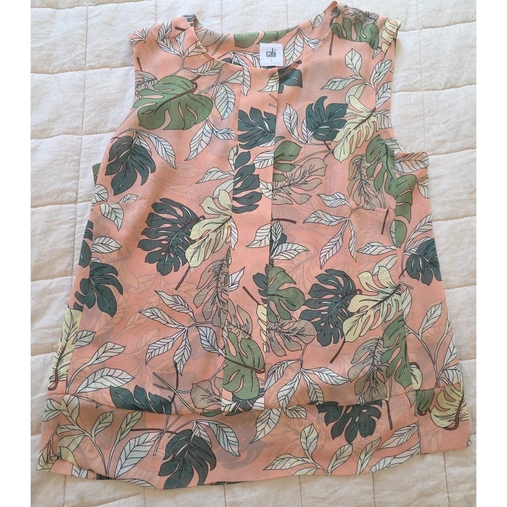 CAbi Womens Monstera Leaf Top Small Pink Tropical Sleeveless Preppy #5351